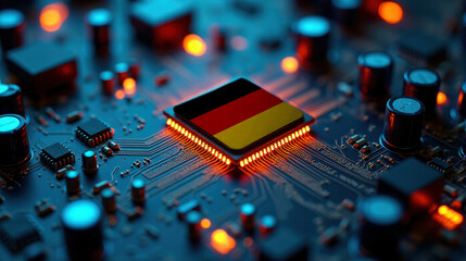 A Germany flagged microchip is centered on a circuit board, surrounded by illuminated components, symbolizing role in semiconductor innovation and technology leadership.