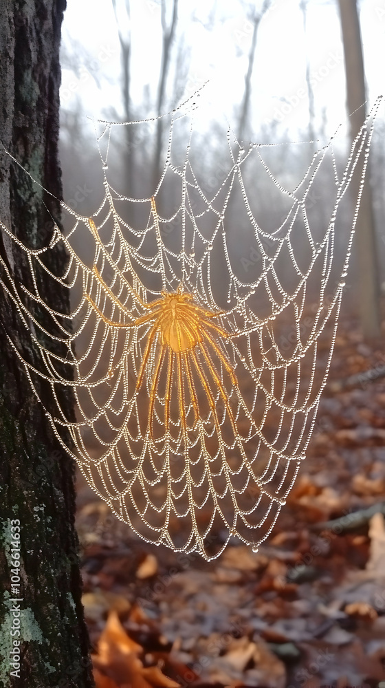 Poster a spider web with dew drops on it, hanging from a tree in a forest.