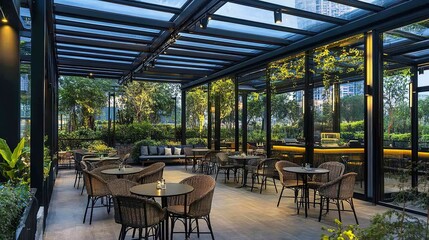 Movable Glass Canopy Roof for Outdoor Spaces, Featuring a Sleek Design and Innovative Mechanism for Versatile Sun and Rain Protection