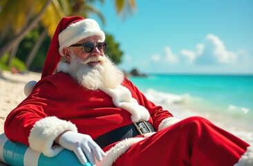 Santa Relaxing on a Tropical Beach in Summer with Sunglasses and Santa Suit