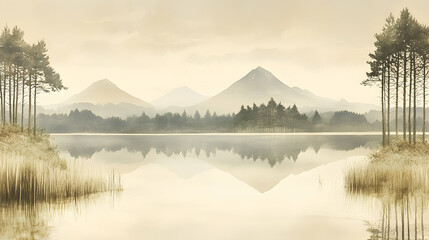 Fototapeta premium Serene lake with misty mountains and forest.