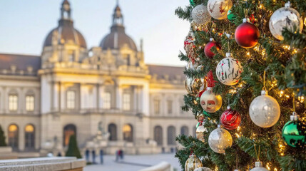 Christmas tree standing in front of historical building at sunset