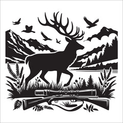 Hunting Deer Svg Vector Silhouette File,stamp, antlers, font, fashion, fisherman, outdoor, man hunt, hunter man, hunting gun, rifle, hobby, card, t shirt design, wilderness, letter, hunting rifle,