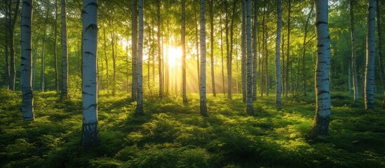 Sun rays shining through a birch forest in summer.