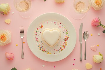 Romantic Dining Experience: Top view photo of exquisite table setting featuring heart-shaped plate, cutlery, white wine, roses, sprinkles on pastel pink background. with generative ai