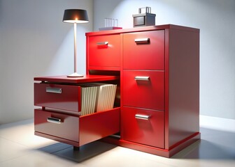 Modern Red Metal File Cabinet with Open Drawers on White Background - Organized Office Storage Solution, Night Photography, Contemporary Design, Minimalist Style