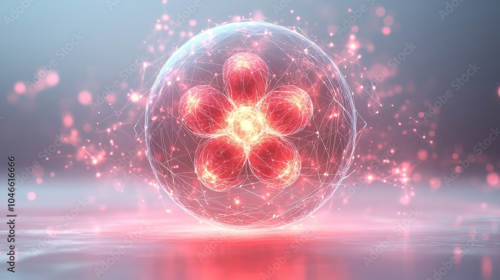 Poster a vibrant visual of a glowing atomic structure resembling a flower, showcasing interconnected energy
