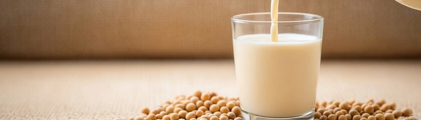 Freshly poured soy milk in a glass, surrounded by soybeans, perfect for vegan recipes and healthy dietary choices.