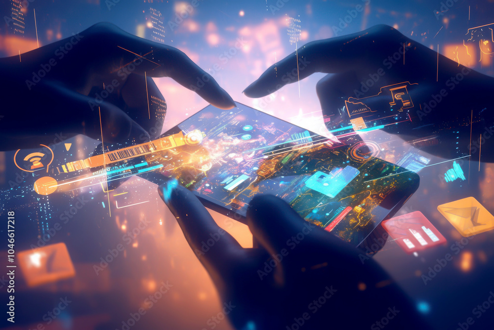 Poster hands manipulating a futuristic digital device interface.
