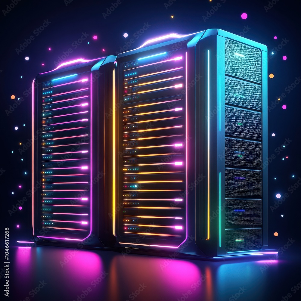 Poster futuristic server with glowing lights and colorful accents, creating a vibrant tech atmosphere.