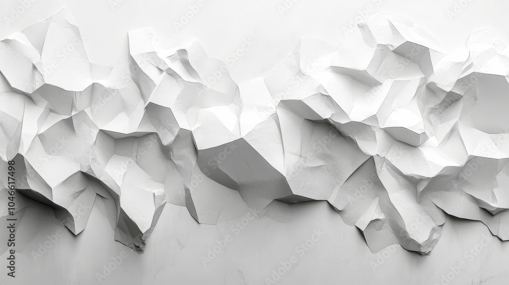 Poster abstract white paper-like textures creating a striking, three-dimensional landscape of shadows and l
