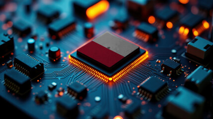 A microprocessor with the Poland flag is embedded on a circuit board, highlighted by glowing lights, showcasing influence in global semiconductor and computing technology.