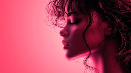 Naklejka premium A profile view of a young woman with curly hair, illuminated by vibrant pink lighting, creating a moody aesthetic.