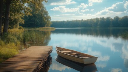 Obraz premium A peaceful lake with a small wooden dock and rowboat.