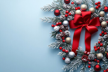 a red ribbon encircling a border with a Christmas theme on a white background.
