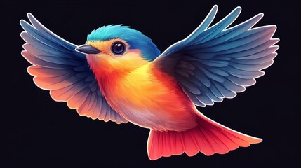 Obraz premium A vibrant, colorful bird with blue and orange feathers flying gracefully against a dark background.