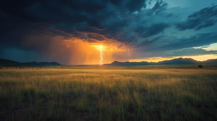 Fototapeta premium A dramatic lightning strike over a vast, open plain.