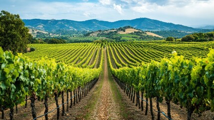 A picturesque vineyard with rows of grapevines stretching out towards a mountain range in the distance. The sky is blue with puffy clouds, creating a beautiful landscape.