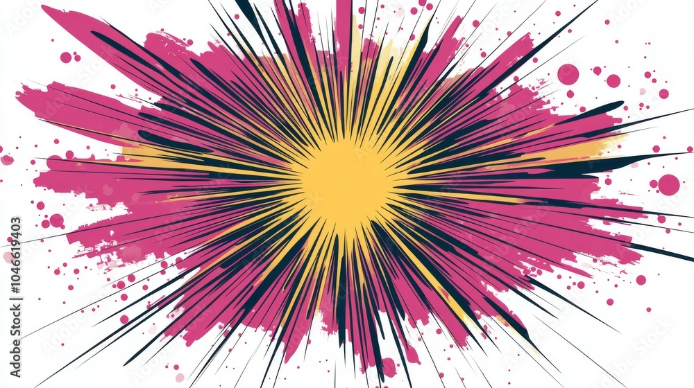 Poster vibrant explosion of color with pink and yellow rays radiating outward, creating a dynamic visual ef