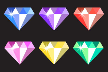 Colorful diamond icon. Six gemstone designs. Vector crystal set.