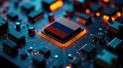 A microprocessor with the Russia flag is embedded on a circuit board, highlighted by glowing lights, showcasing influence in global semiconductor and computing technology.