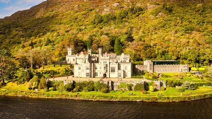 Kylemore Abbey in the Connemara National Park in Ireland - A Breathtaking Scenic View of an...