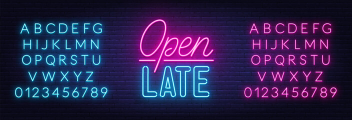 Open Late neon sign on brick wall background.