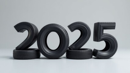 car tire digits 2025 on grey background, tire service postcard, car sales concept for New Year and Christmas promotions.