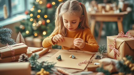 Fototapeta premium Young girl wrapping gifts for Christmas with festive decorations around her.