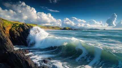 Fototapeta premium A rugged coastline with waves crashing on rocks.