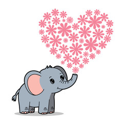 Cute Elephant Blowing Flower Heart Illustration