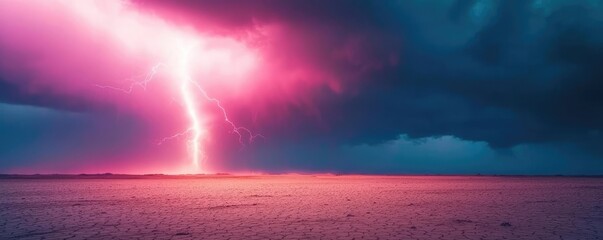 Dramatic lightning strike over a serene landscape at dusk with colorful skies.