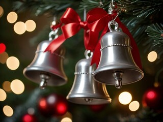 christmas silver bells with red ribbon