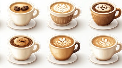 Obraz premium A colorful array of six coffee cups showcasing various latte art designs and coffee styles.