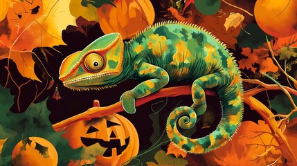 Chameleon Halloween illustration painting drawing elements camouflage trees plants leaves pumpkins background, autumn festival celebration, spooky