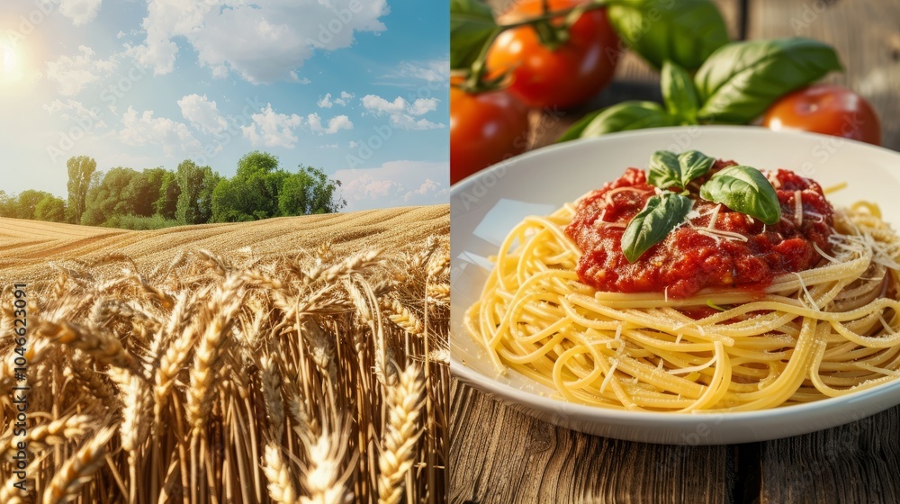 Poster a split image showing a field of wheat on one side and a plate of spaghetti with tomato sauce and ba