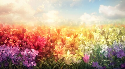 Vibrant Floral Meadow with Lush Colorful Blooming Flowers in Serene Natural Landscape