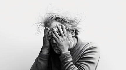 Monochrome portrait of an older man with tousled hair, covering his face with his hands, wearing a sweater, conveying stress or contemplation.