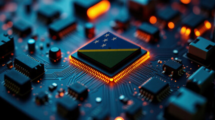 A microprocessor with the Solomon Islands flag is embedded on a circuit board, highlighted by glowing lights, showcasing influence in global semiconductor and computing technology.