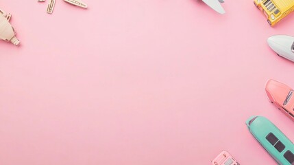 Photo of, Pink background with minimalist retro travel motifs and vintage transportation for design, banner template