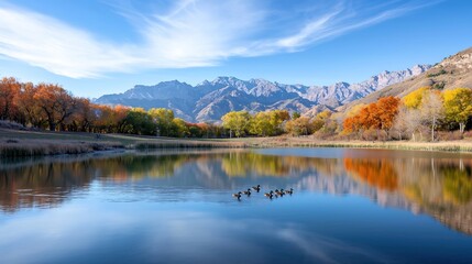 A stunning panorama of a tranquil lake reflecting the fiery autumn colors of the surrounding trees. In the foreground, a family of ducks glides gracefully across the water, while distant mountains
