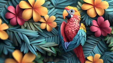 Obraz premium A vibrant, colorful parrot perched amidst tropical flowers and lush green leaves, showcasing a lively jungle ambiance.