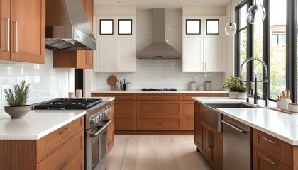 Light cherry wood cabinet kitchen with stainless fixtures and a contemporary white design.