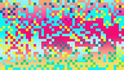 Abstract lo-fi 8-bit, 16-bit pixel texture bg video screen. Tv pattern square noise effect background. Futuristic broadcast neon gradient banner for television. Modern vhs led static display element