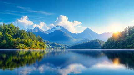 Serene mountain lake reflecting a vibrant sky at sunrise