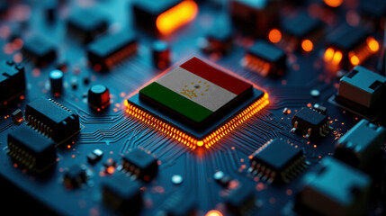 Fototapeta premium A microprocessor with the Tajikistan flag is embedded on a circuit board, highlighted by glowing lights, showcasing influence in global semiconductor and computing technology.