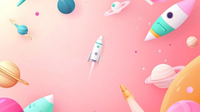 Photo of, Pink background with minimalist space exploration themes like rockets and satellites for design, banner template
