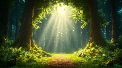 Obraz premium Enchanted forest with sunlight streaming through trees