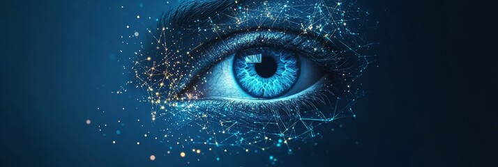 Close-up of Blue Eye With Digital Network Overlaying, Artificial Intelligence And Technology Concept