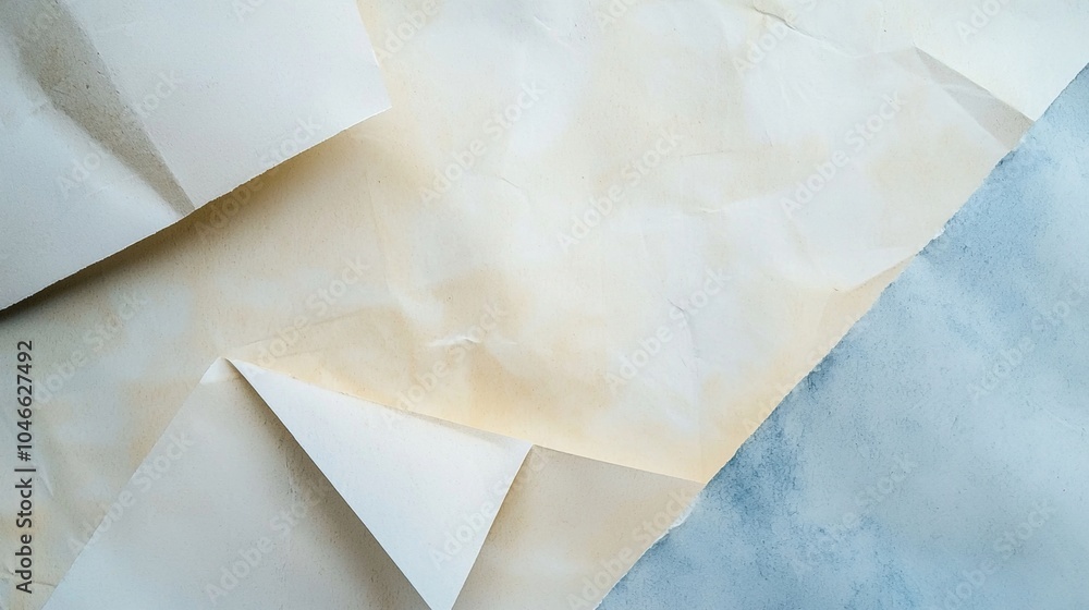 Poster wrinkled and folded sheets of white and beige paper are creating an abstract background with a textu